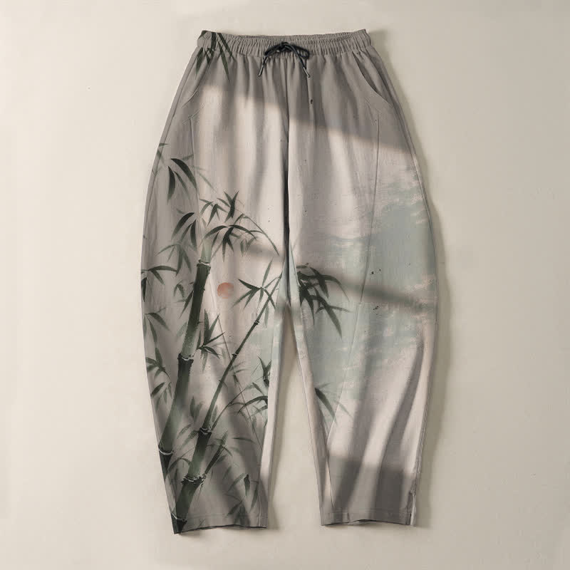 Buddha Stones Pure Cotton Ink Bamboo Pattern Drawstring Men's Tapered Pants With Pockets - image 2