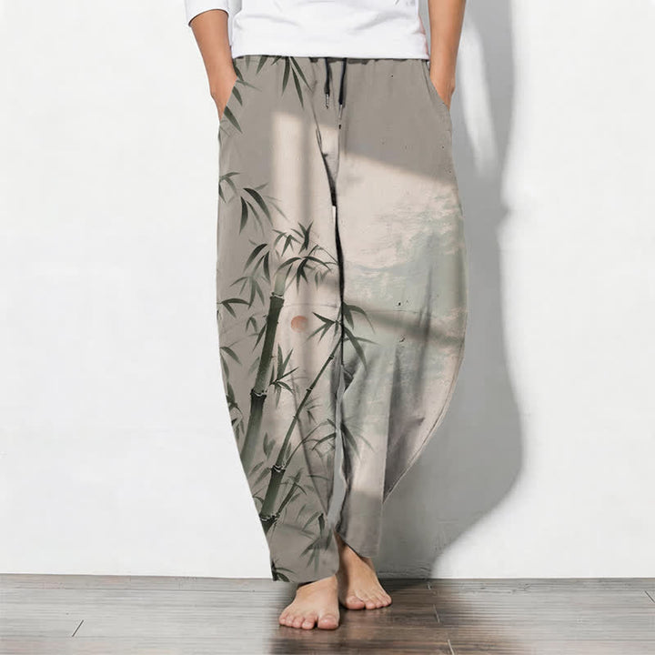 Buddha Stones Pure Cotton Ink Bamboo Pattern Drawstring Men's Tapered Pants With Pockets - Tan - US/UK/AU50，EU60 (5XL) - image 0