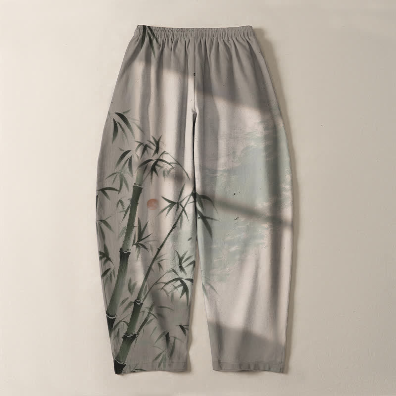 Buddha Stones Pure Cotton Ink Bamboo Pattern Drawstring Men's Tapered Pants With Pockets - image 3