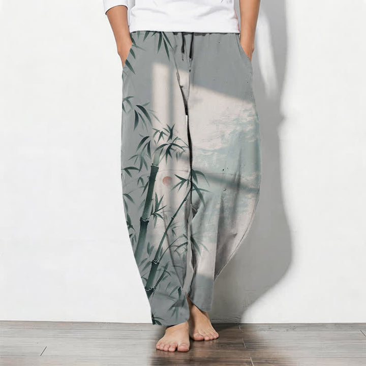 Buddha Stones Pure Cotton Ink Bamboo Pattern Drawstring Men's Tapered Pants With Pockets - LightGrey - US/UK/AU50，EU60 (5XL) - image 7