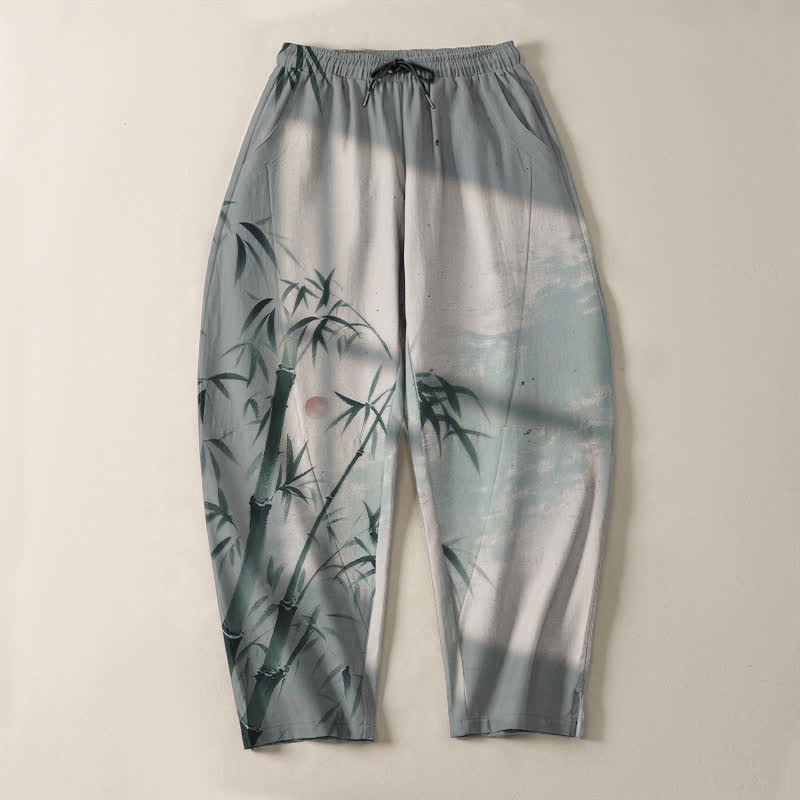 Buddha Stones Pure Cotton Ink Bamboo Pattern Drawstring Men's Tapered Pants With Pockets - image 9