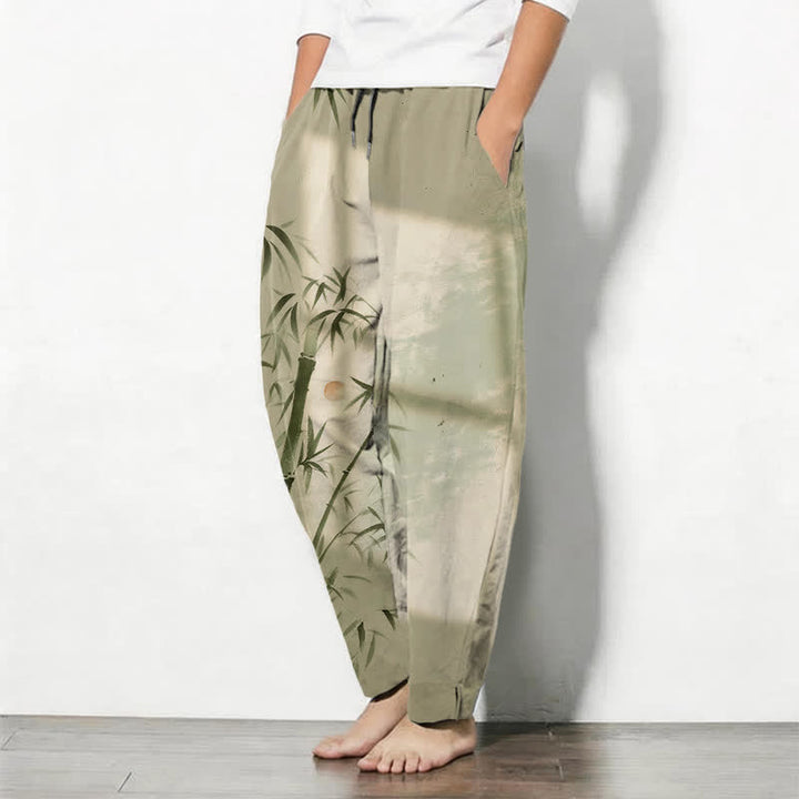 Buddha Stones Pure Cotton Ink Bamboo Pattern Drawstring Men's Tapered Pants With Pockets - image 12