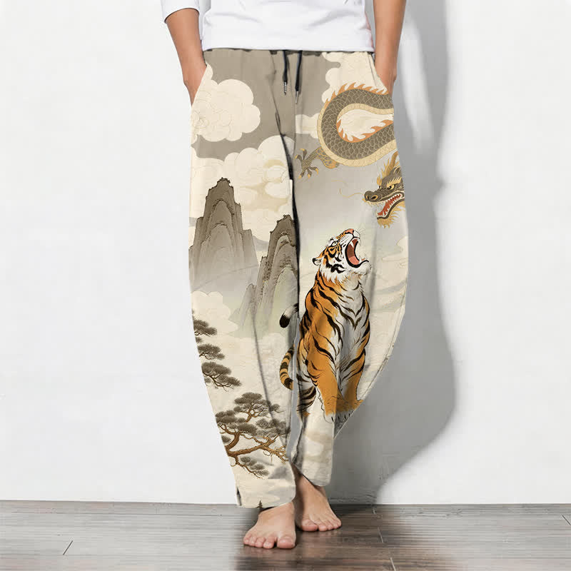 Buddha Stones Pure Cotton Tiger Dragon Landscape Pattern Drawstring Men's Tapered Pants With Pockets - Tan - US/UK/AU50，EU60 (5XL) - image 0