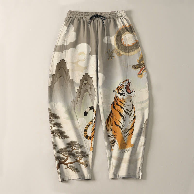 Buddha Stones Pure Cotton Tiger Dragon Landscape Pattern Drawstring Men's Tapered Pants With Pockets - image 2