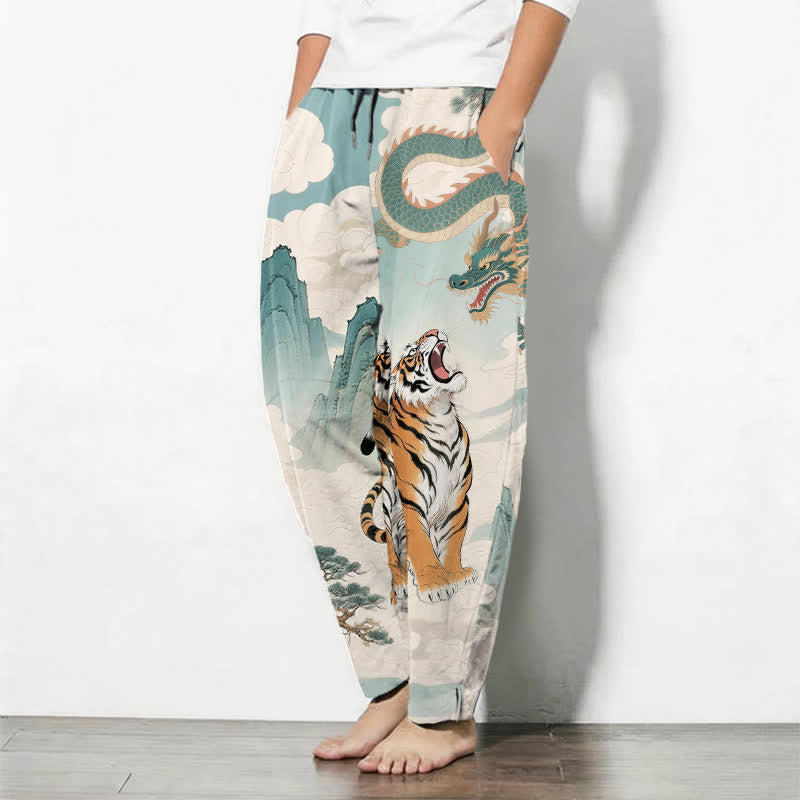 Buddha Stones Pure Cotton Tiger Dragon Landscape Pattern Drawstring Men's Tapered Pants With Pockets - image 8