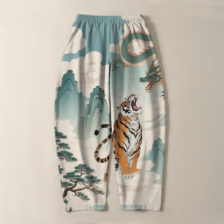 Buddha Stones Pure Cotton Tiger Dragon Landscape Pattern Drawstring Men's Tapered Pants With Pockets - image 10