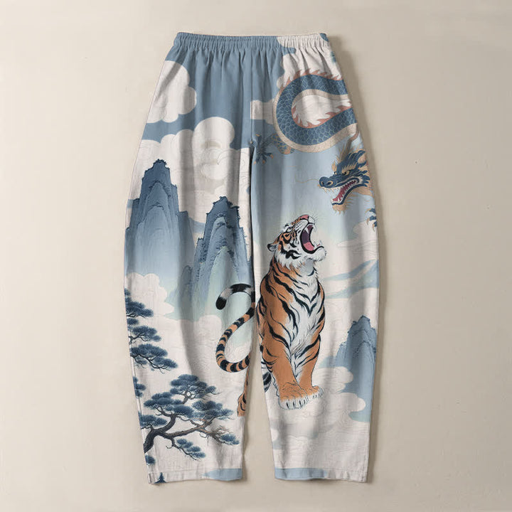 Buddha Stones Pure Cotton Tiger Dragon Landscape Pattern Drawstring Men's Tapered Pants With Pockets - image 17