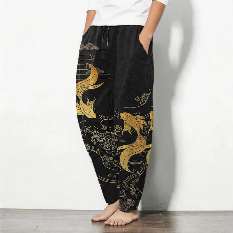 Buddha Stones Pure Cotton Golden Koi Fish Wave Pattern Drawstring Men's Tapered Pants With Pockets - image 1
