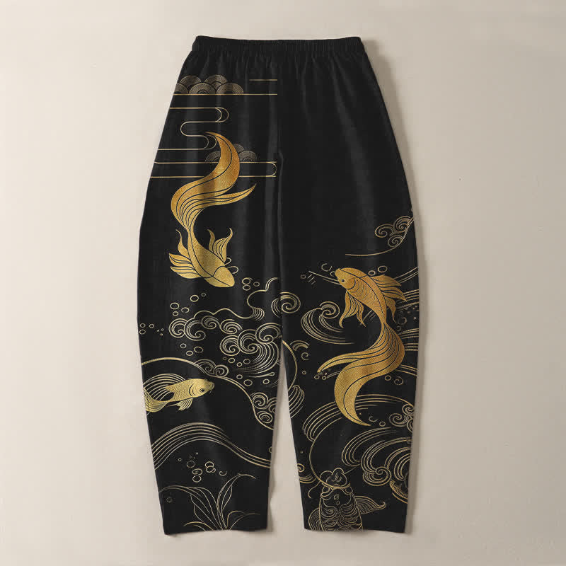 Buddha Stones Pure Cotton Golden Koi Fish Wave Pattern Drawstring Men's Tapered Pants With Pockets - image 3
