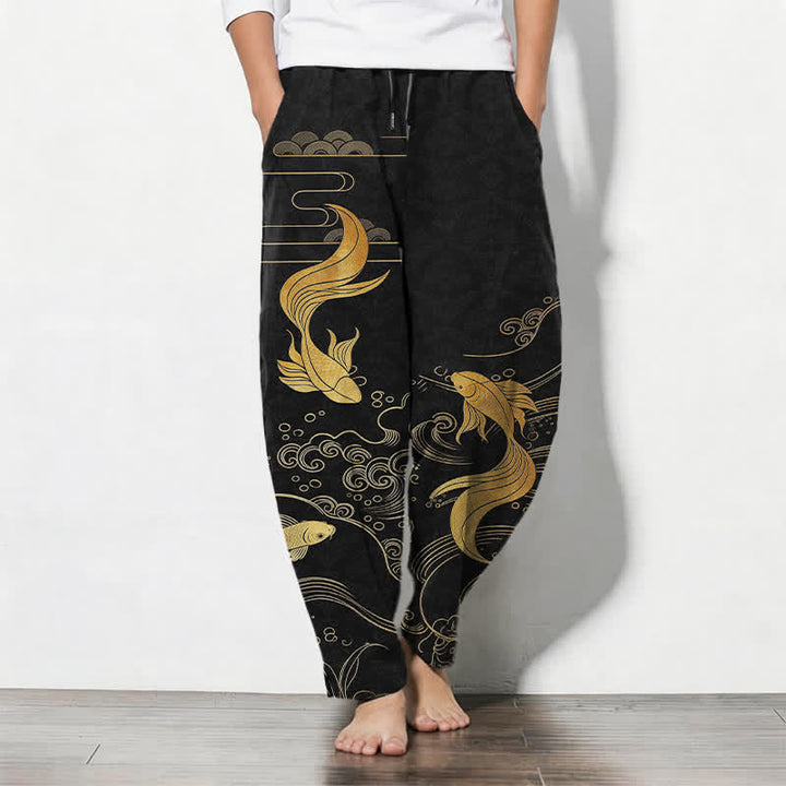 Buddha Stones Pure Cotton Golden Koi Fish Wave Pattern Drawstring Men's Tapered Pants With Pockets - Black - US/UK/AU50，EU60 (5XL) - image 0