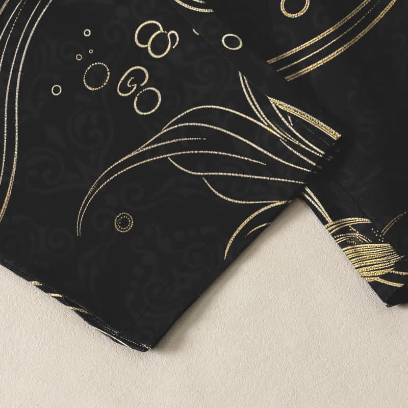 Buddha Stones Pure Cotton Golden Koi Fish Wave Pattern Drawstring Men's Tapered Pants With Pockets - image 5