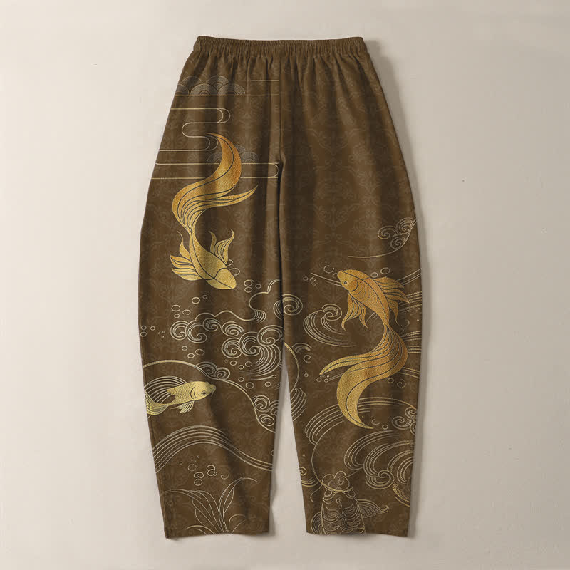 Buddha Stones Pure Cotton Golden Koi Fish Wave Pattern Drawstring Men's Tapered Pants With Pockets - image 10