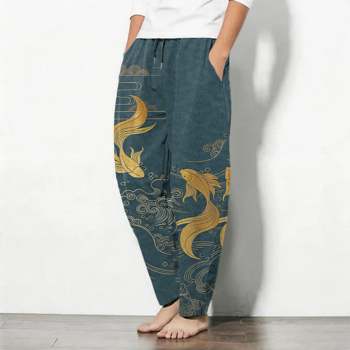 Buddha Stones Pure Cotton Golden Koi Fish Wave Pattern Drawstring Men's Tapered Pants With Pockets - image 12