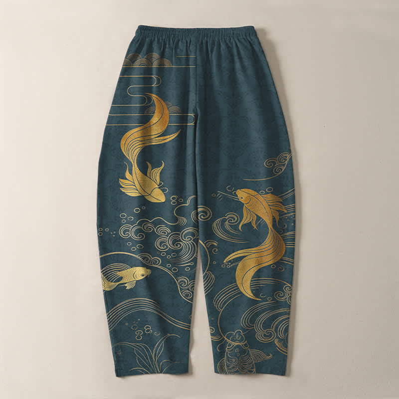 Buddha Stones Pure Cotton Golden Koi Fish Wave Pattern Drawstring Men's Tapered Pants With Pockets - image 14