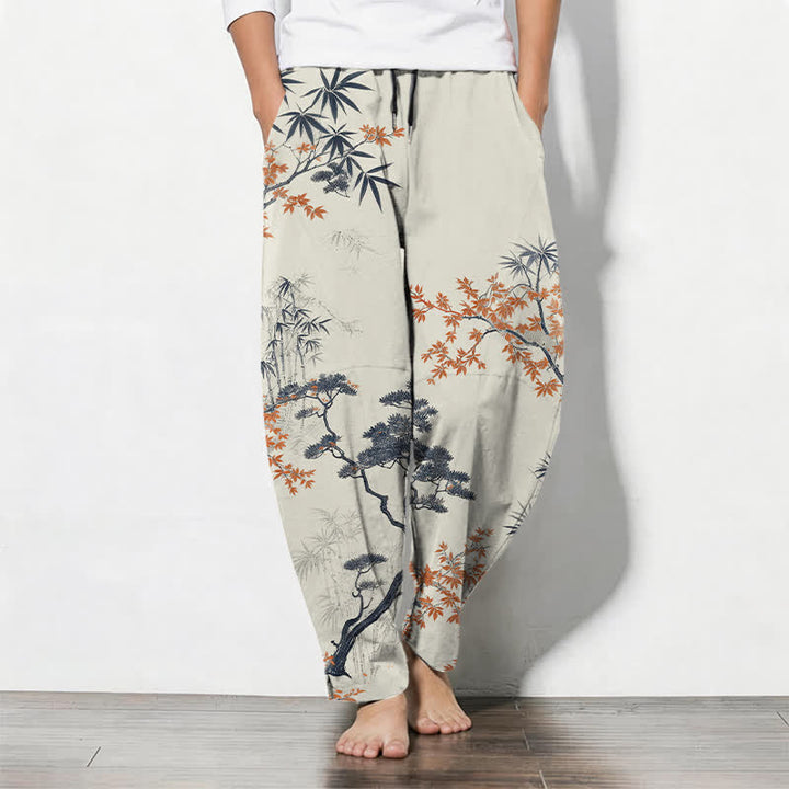 Buddha Stones Pure Cotton Maple Bamboo Pine Pattern Drawstring Men's Tapered Pants With Pockets - Linen - US/UK/AU50，EU60 (5XL) - image 0