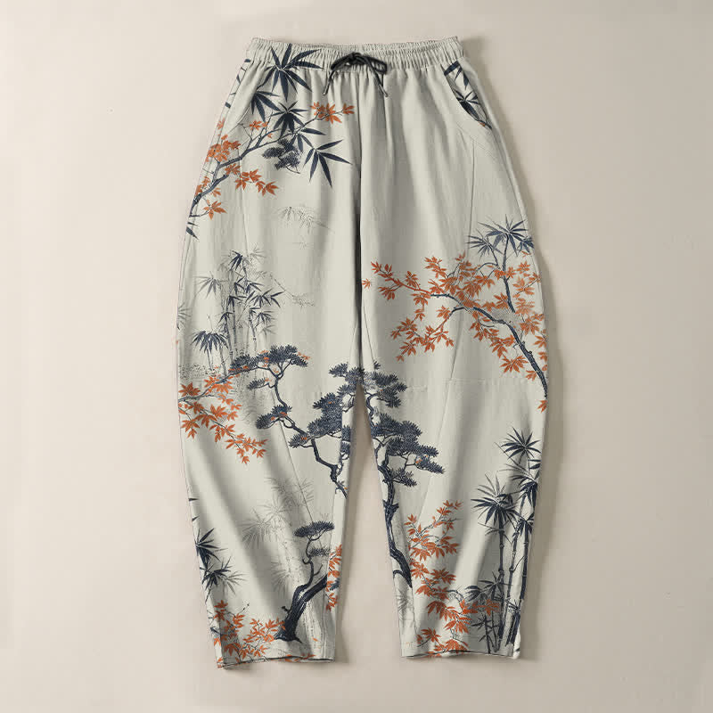 Buddha Stones Pure Cotton Maple Bamboo Pine Pattern Drawstring Men's Tapered Pants With Pockets - image 2