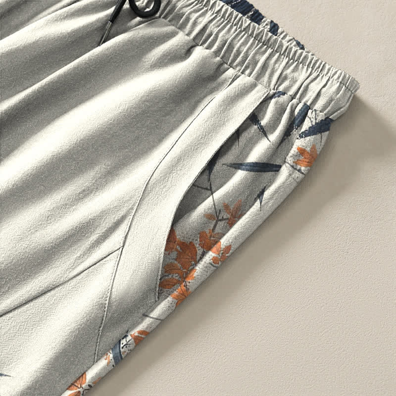 Buddha Stones Pure Cotton Maple Bamboo Pine Pattern Drawstring Men's Tapered Pants With Pockets - image 4