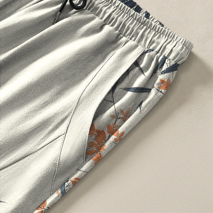 Buddha Stones Pure Cotton Maple Bamboo Pine Pattern Drawstring Men's Tapered Pants With Pockets - image 4