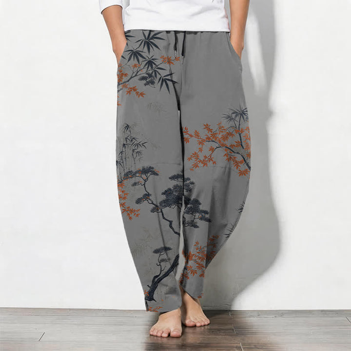 Buddha Stones Pure Cotton Maple Bamboo Pine Pattern Drawstring Men's Tapered Pants With Pockets - Gray - US/UK/AU50，EU60 (5XL) - image 7