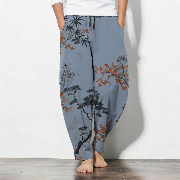 Buddha Stones Pure Cotton Maple Bamboo Pine Pattern Drawstring Men's Tapered Pants With Pockets - LightSteelBlue - US/UK/AU50，EU60 (5XL) - image 11