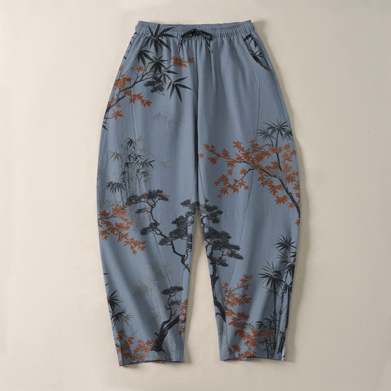 Buddha Stones Pure Cotton Maple Bamboo Pine Pattern Drawstring Men's Tapered Pants With Pockets - image 13