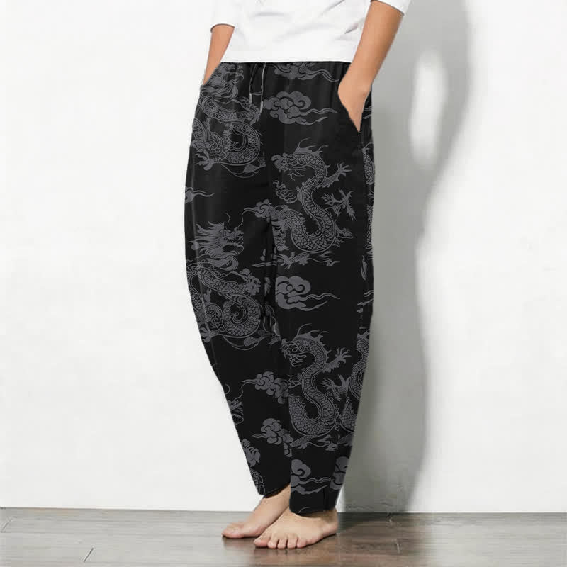 Buddha Stones Pure Cotton Dark Dragon Cloud Pattern Drawstring Men's Tapered Pants With Pockets - image 1