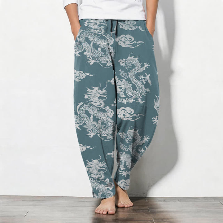 Buddha Stones Pure Cotton Dark Dragon Cloud Pattern Drawstring Men's Tapered Pants With Pockets - CadetBlue - US/UK/AU50，EU60 (5XL) - image 7