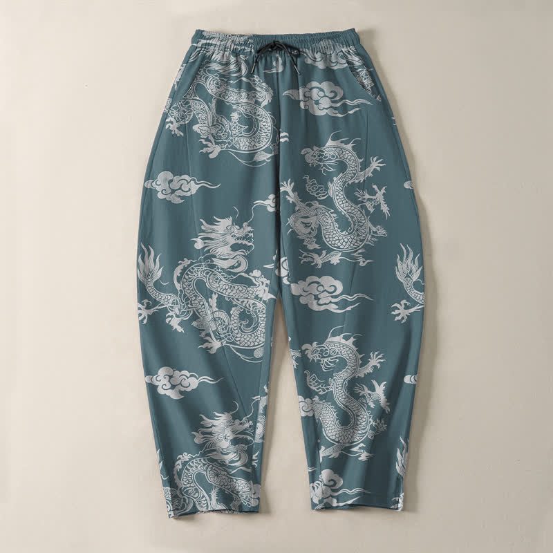 Buddha Stones Pure Cotton Dark Dragon Cloud Pattern Drawstring Men's Tapered Pants With Pockets - image 9