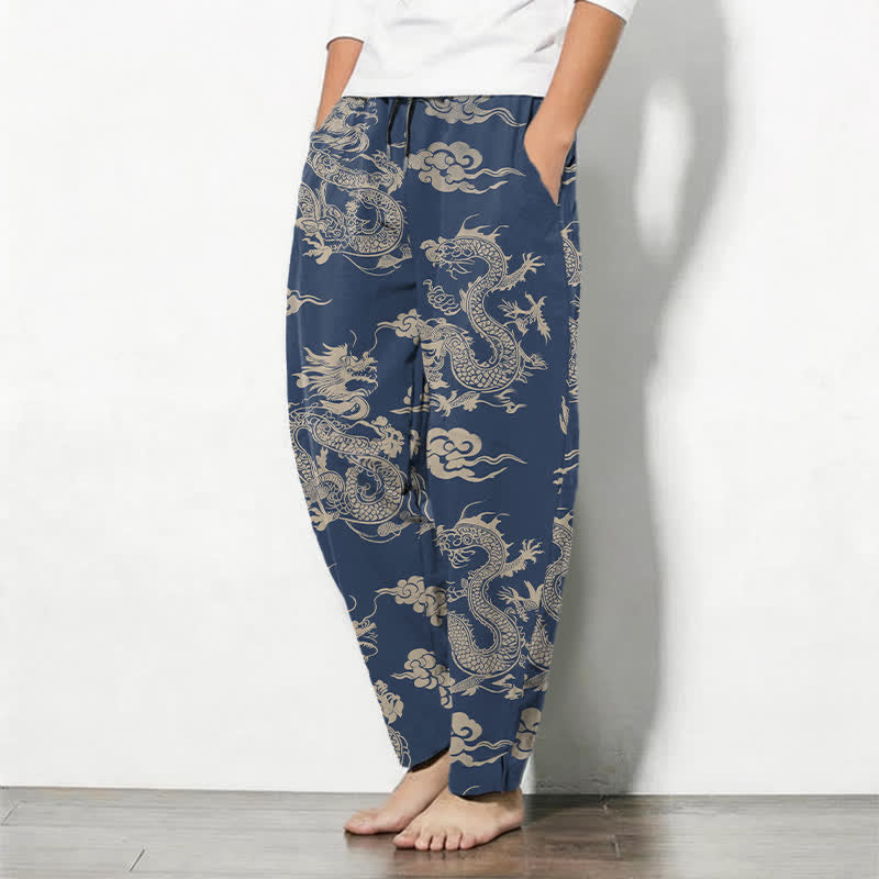 Buddha Stones Pure Cotton Dark Dragon Cloud Pattern Drawstring Men's Tapered Pants With Pockets - image 12