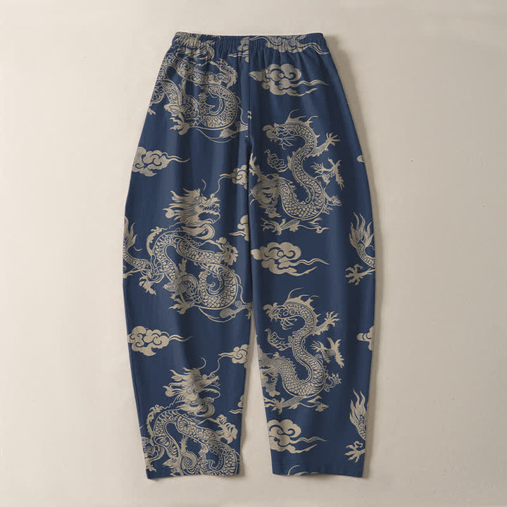 Buddha Stones Pure Cotton Dark Dragon Cloud Pattern Drawstring Men's Tapered Pants With Pockets - image 14