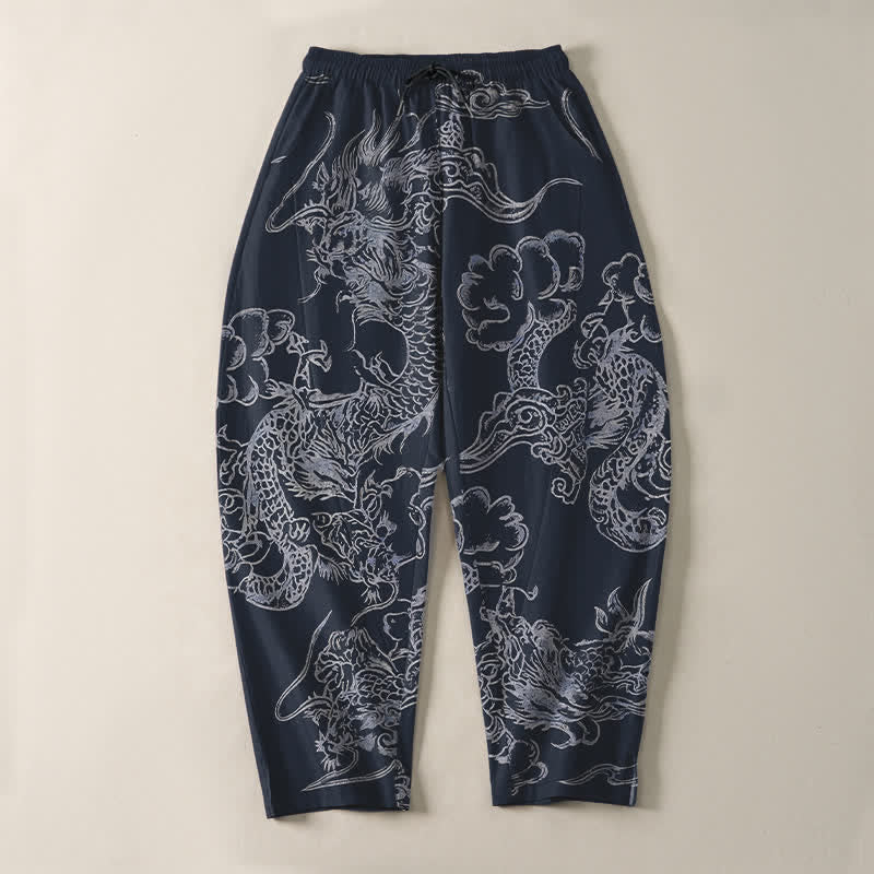 Buddha Stones Pure Cotton Dragon Cloud Pattern Drawstring Men's Tapered Pants With Pockets - image 2
