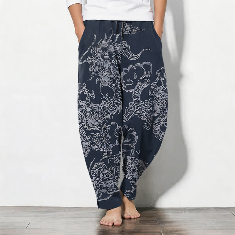 Buddha Stones Pure Cotton Dragon Cloud Pattern Drawstring Men's Tapered Pants With Pockets - Navy - US/UK/AU50，EU60 (5XL) - image 0