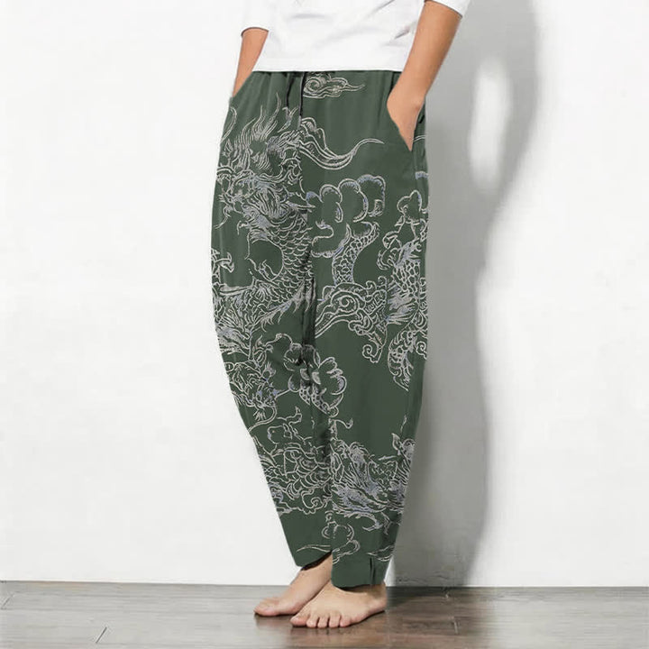 Buddha Stones Pure Cotton Dragon Cloud Pattern Drawstring Men's Tapered Pants With Pockets - image 8