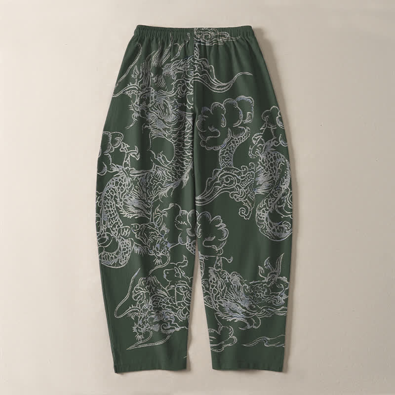 Buddha Stones Pure Cotton Dragon Cloud Pattern Drawstring Men's Tapered Pants With Pockets - image 10
