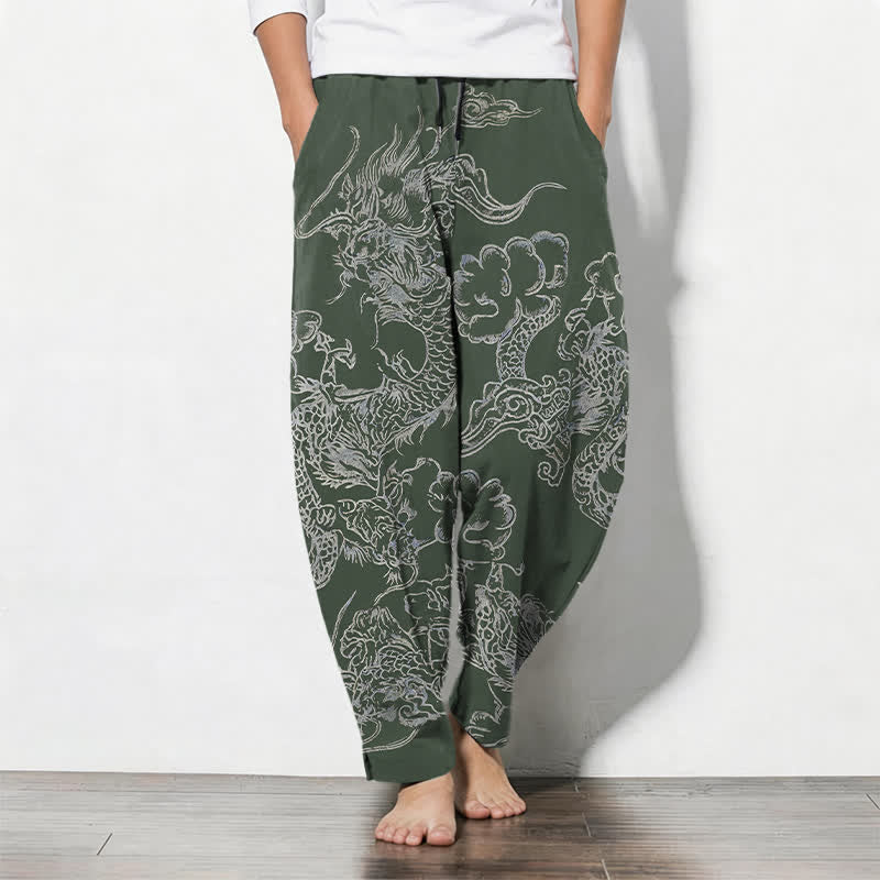 Buddha Stones Pure Cotton Dragon Cloud Pattern Drawstring Men's Tapered Pants With Pockets - DarkOliveGreen - US/UK/AU50，EU60 (5XL) - image 7