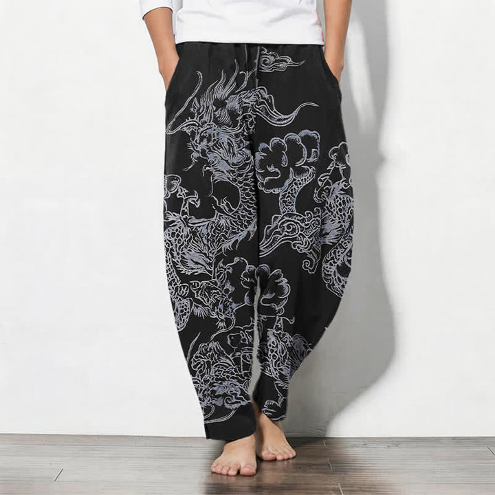 Buddha Stones Pure Cotton Dragon Cloud Pattern Drawstring Men's Tapered Pants With Pockets - Black - US/UK/AU50，EU60 (5XL) - image 11