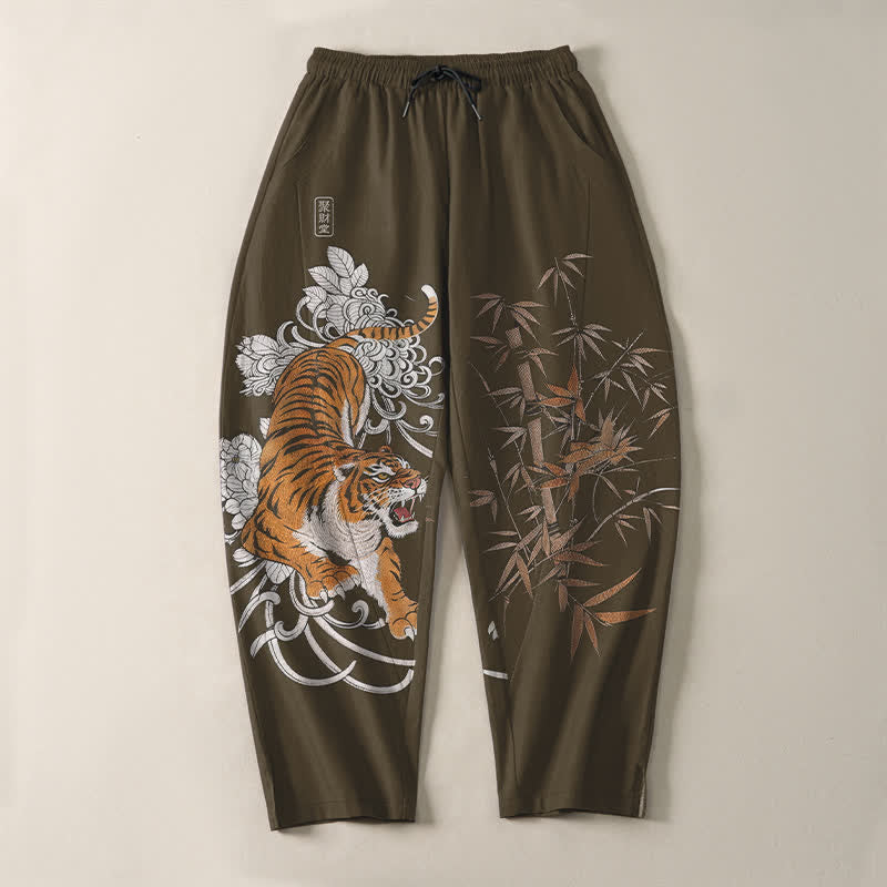 Buddha Stones Pure Cotton Roaring Tiger Bamboo Pattern Drawstring Men's Tapered Pants With Pockets - image 2