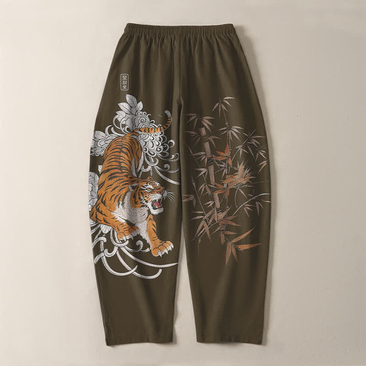 Buddha Stones Pure Cotton Roaring Tiger Bamboo Pattern Drawstring Men's Tapered Pants With Pockets - image 3