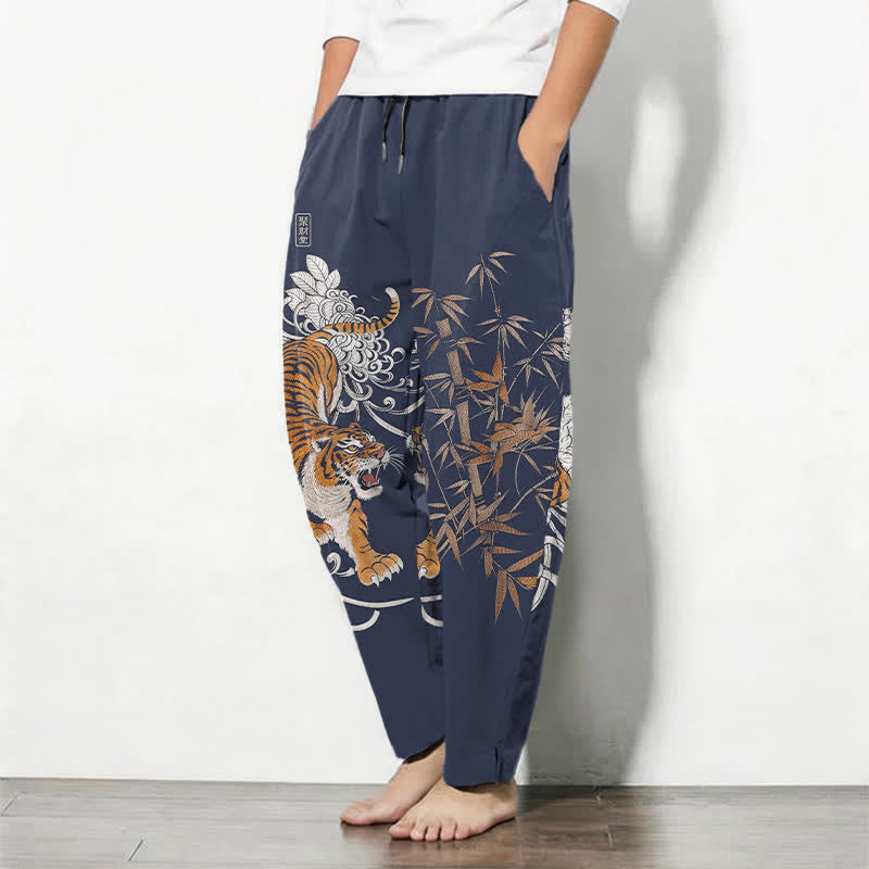 Buddha Stones Pure Cotton Roaring Tiger Bamboo Pattern Drawstring Men's Tapered Pants With Pockets - image 8