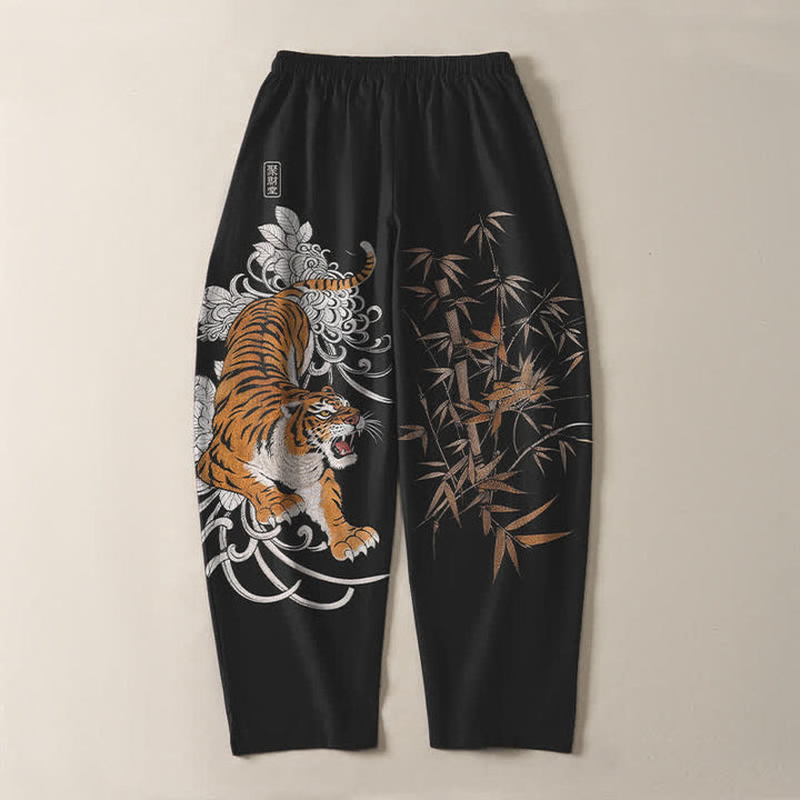 Buddha Stones Pure Cotton Roaring Tiger Bamboo Pattern Drawstring Men's Tapered Pants With Pockets - image 14