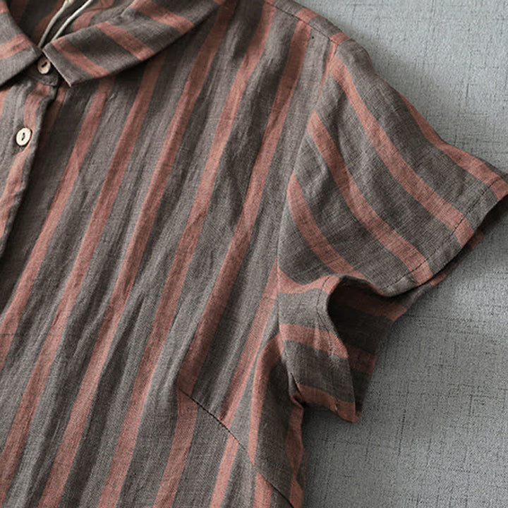 Buddha Stones Summer Casual Vintage Button-Up Striped Women's Short Sleeve Dresses With Pocket - image 10