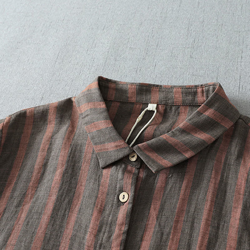Buddha Stones Summer Casual Vintage Button-Up Striped Women's Short Sleeve Dresses With Pocket - image 6