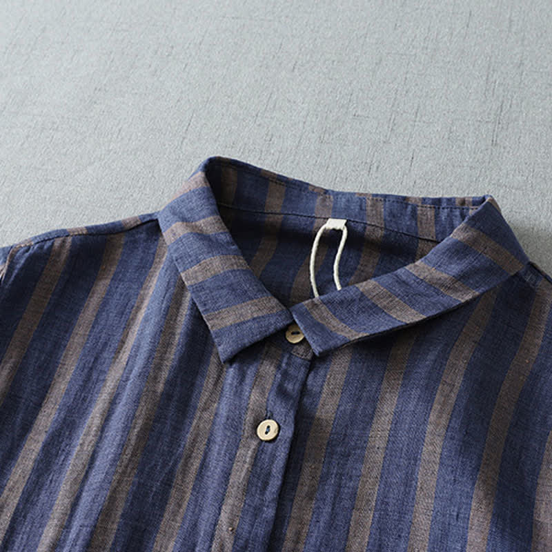 Buddha Stones Summer Casual Vintage Button-Up Striped Women's Short Sleeve Dresses With Pocket - image 1