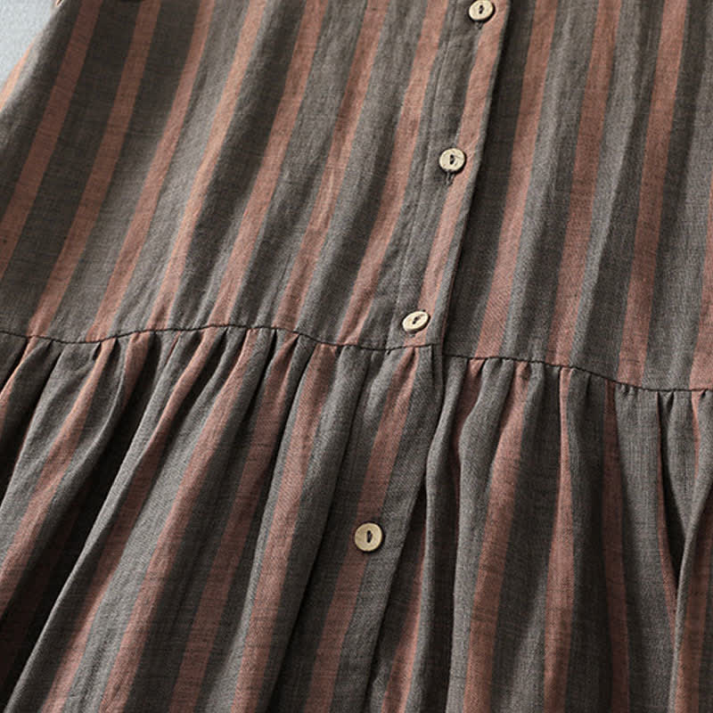 Buddha Stones Summer Casual Vintage Button-Up Striped Women's Short Sleeve Dresses With Pocket - image 8
