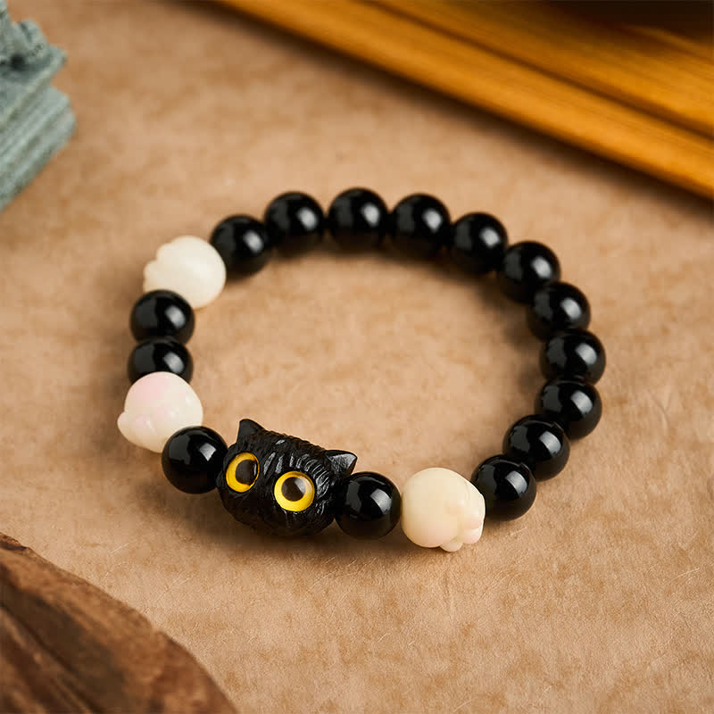 Buddha Stones Hand Carved Black Obsidian Yellow Eye Cat Head Grounding Bead Bracelet - Black Obsidian (Purification ♥ Strength) (Wrist Circumference: 16–17 cm) - image 0