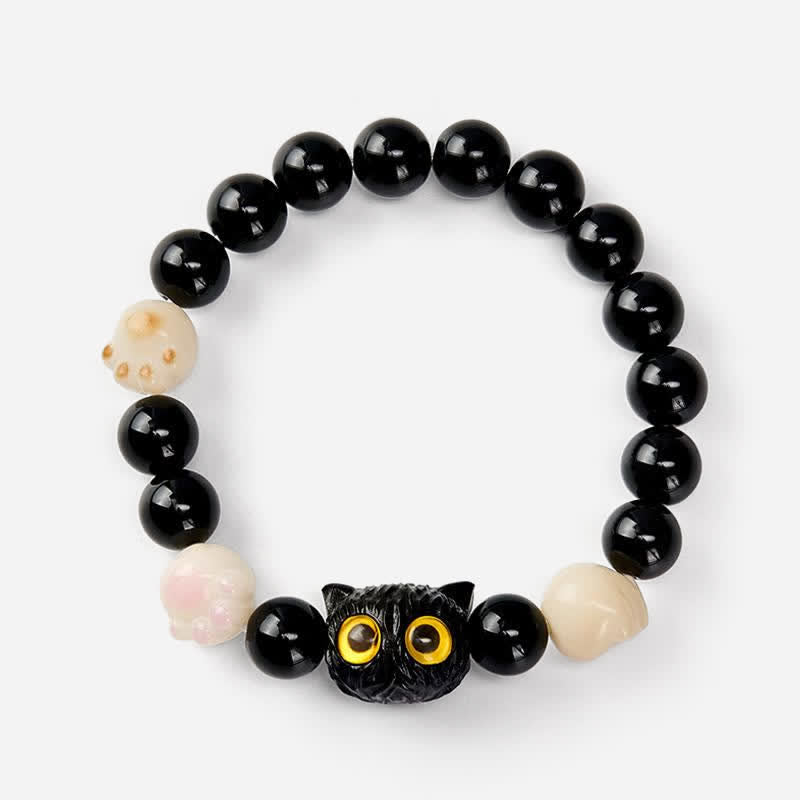 Buddha Stones Hand Carved Black Obsidian Yellow Eye Cat Head Grounding Bead Bracelet - image 4