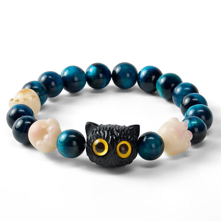 Buddha Stones Blue Tiger Eye Cute Hand-Carved Cat Grounding Bead Bracelet - image 3