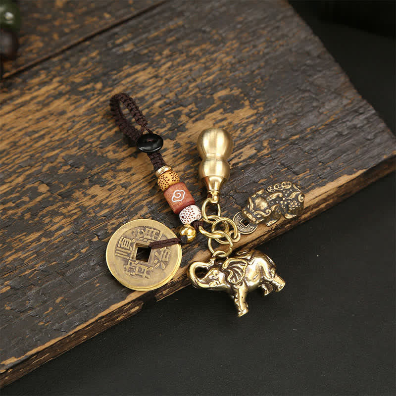 Buddha Stones Brass Elephant Five Emperor Coins Gourd Pi Xiu Wisdom Keychains - Coins Pi Xiu Gourd - image 0