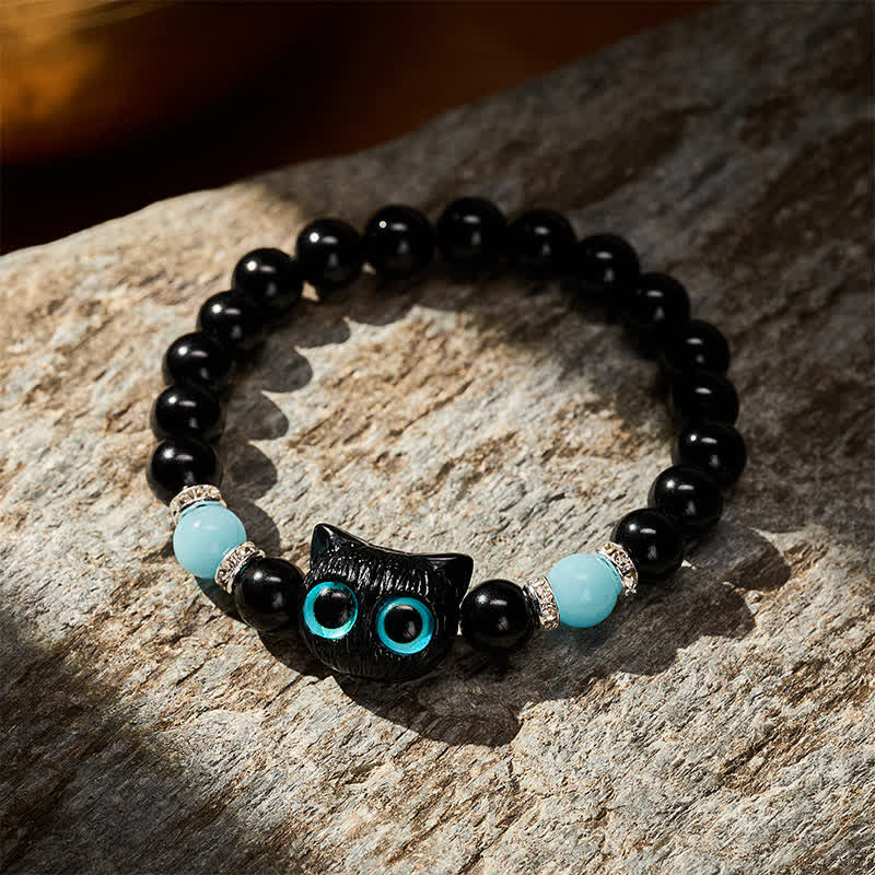 Buddha Stones Black Obsidian Cute Big Eye Cat Protection Beaded Bracelet - image 14
