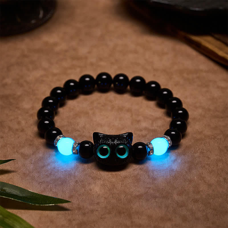 Buddha Stones Black Obsidian Cute Big Eye Cat Protection Beaded Bracelet - Black Cat (Wrist Circumference: 15–16 cm) - image 12